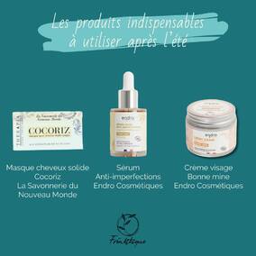 Tes imperfections sont revenues à la fin de l’été ?  Tes cheveux sont secs et cassants ?  Pas de panique voici les produits indispensables à utiliser après l’été !  Le masque cheveux solide - @la_savonnerie_du_nouveau_monde  ➡️ Le masque solide pour cheveux Cocoriz permet d’hydrater et de nourrir la fibre capillaire en profondeur. Au revoir les cheveux secs et cassants ! Utilise ce masque cheveux pour retrouver une chevelure douce et souple.  Le sérum anti-imperfections - @endro_cosmétiques  ➡️ Pendant l’été ta peau produit plus de sébum pour se protéger de la chaleur et du soleil. Ce surplus de sébum peut obstruer les pores et te créer des boutons. Le sérum anti-imperfections d’Endro est parfait pour réguler la production de sébum et aider la peau à cicatriser !  Là crème hydratante bonne mine - @endro_cosmétiques  ➡️ Retrouve le joli teint hâlé de l’été avec cette crème hydratante à la texture douce et lisse. Convient à tous les types de peaux.  Retrouve tous nos conseils spécial “back to work” pour prolonger l’été avec des soins naturels et éthiques après les vacances → Lien en bio